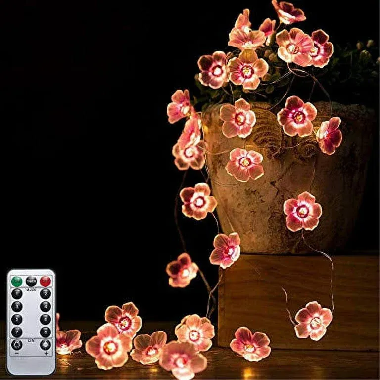 Pink Cherry Blossom Flower String Lights 40 LED 13FT Sakura Decorative Lights Battery Operated Light with Remote, Christmas Novelty Fairy Light for Girl Bedroom, Party, Garden