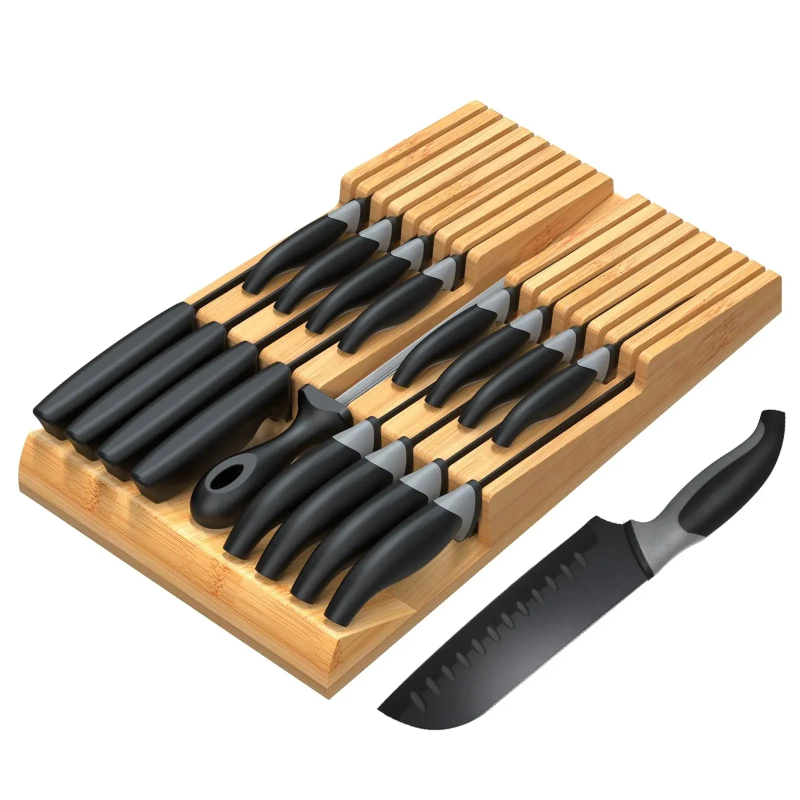 in-Drawer Knife Block with 16 Knives, Bamboo Knife Organizer for Steak Knives...