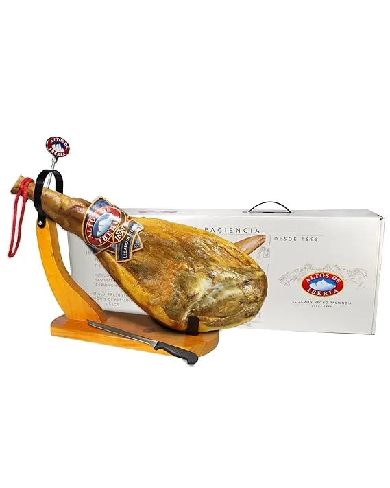 Altos de Iberia Serrano Ham Spain - With Ham Stand and Knife - Min Weight 14lb - 18 Months Avg Curing Time - Great Family and Friends Gift