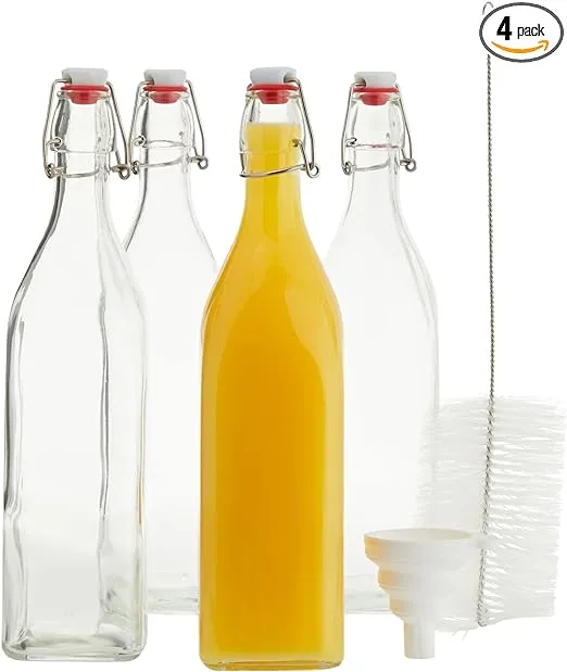 Juvale 4 Pack Square Flip Top Glass Bottle 32 oz with Cleaning Brush and Silicone Funnel, Swing Top Bottles for Homemade Brew, Drinks, Arts and Crafts