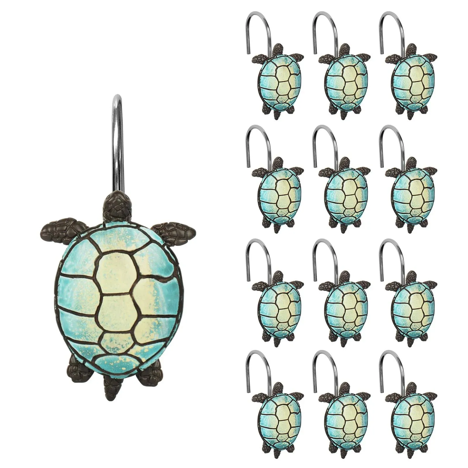 Sunlit Sea Turtle Shower Curtain Hooks, Home Decorative Shower Curtain Rings for Bathroom, Resin, Ocean Shower Curtain Hanger Hooks for Kid Room Living Room, Set of 12