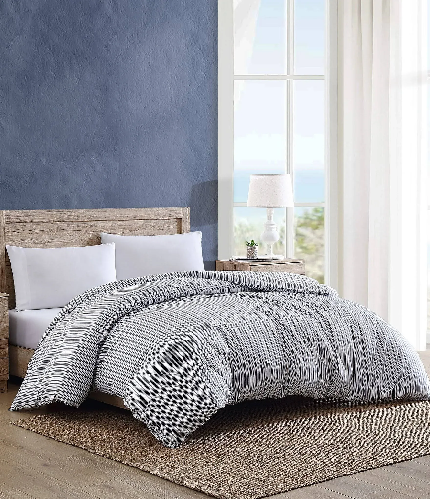 Nautica- Queen Duvet Cover, Cotton Reversible Bedding with Button Closure, Casual Home Décor for All Seasons (Coleridge Stripe Charcoal, Queen)