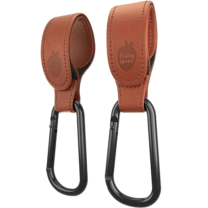 Baby Uma Brown Leather Style Stroller Hooks - Award-Winning Stroller Clips for Bags - MadeForMums & Lovedbyparents Award-Winning Stroller Bag Hook - 2-PackBaby Uma Brown Leather Style Stroller Hooks - Award…