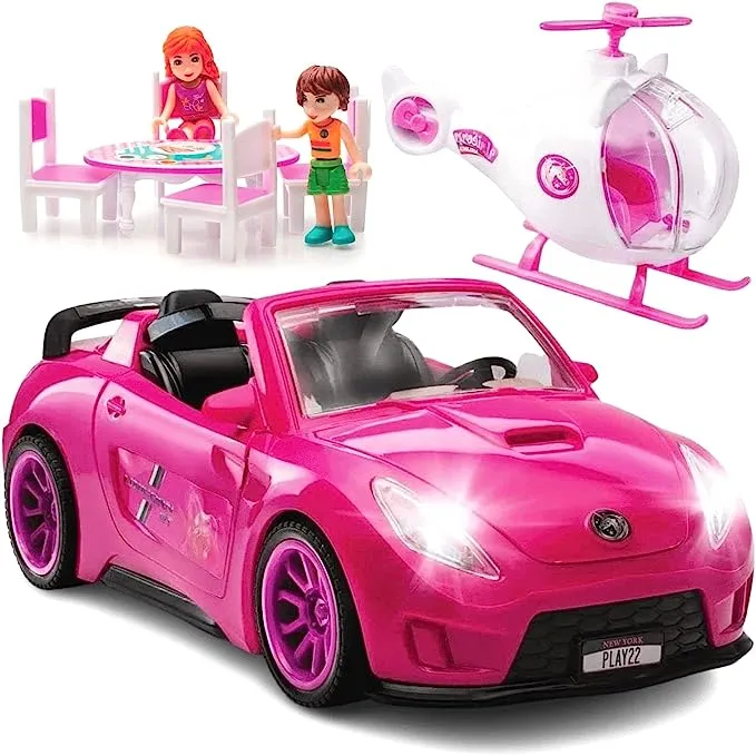 Play22 Pink Car Convertible 2-Seater Vehicle Doll Accessories with Lights and Sounds 10 Pc - Car for Dolls Toy Car includes Doll Helicopter, 2 Figurines, and Dining Table Set - Great Toddler Gift