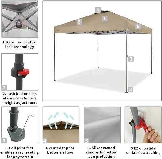 CROWN SHADES 9'x9' Pop Up Canopy with 11x11 Base Patented One Push Canopy Tent Outdoor Shade Bonus Wheeled Bag, 8 Stakes, and 4 Ropes, Grey