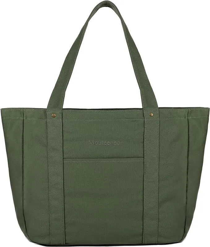 Mouteenoo Large Tote Bag for Women with Zipper Closure and Laptop Compartment, Canvas Shoulder Bag for Work Holiday and Travel Army Green