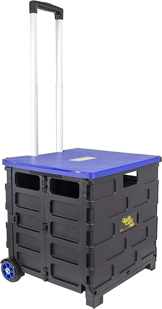 dbest products Quik Cart Pro Wheeled Rolling Crate Teacher Utility with seat Heavy Duty Collapsible Basket with Handle, Blue