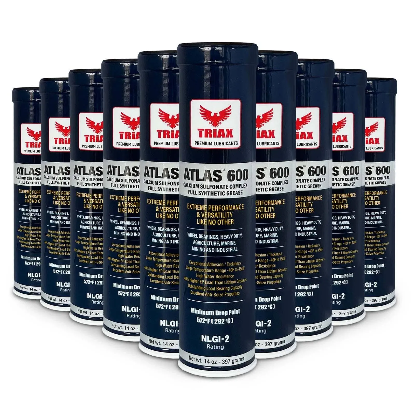 TRIAX Atlas 600 Grease, Full Synthetic, Super Duty Grease, Ultra-Heavy Duty, Marine, All Types of Bearings, Joints, Drive Drain, Waterproof, 5th Wheel, 40F Low Temp (10 Pack - 14 Oz Tubes)