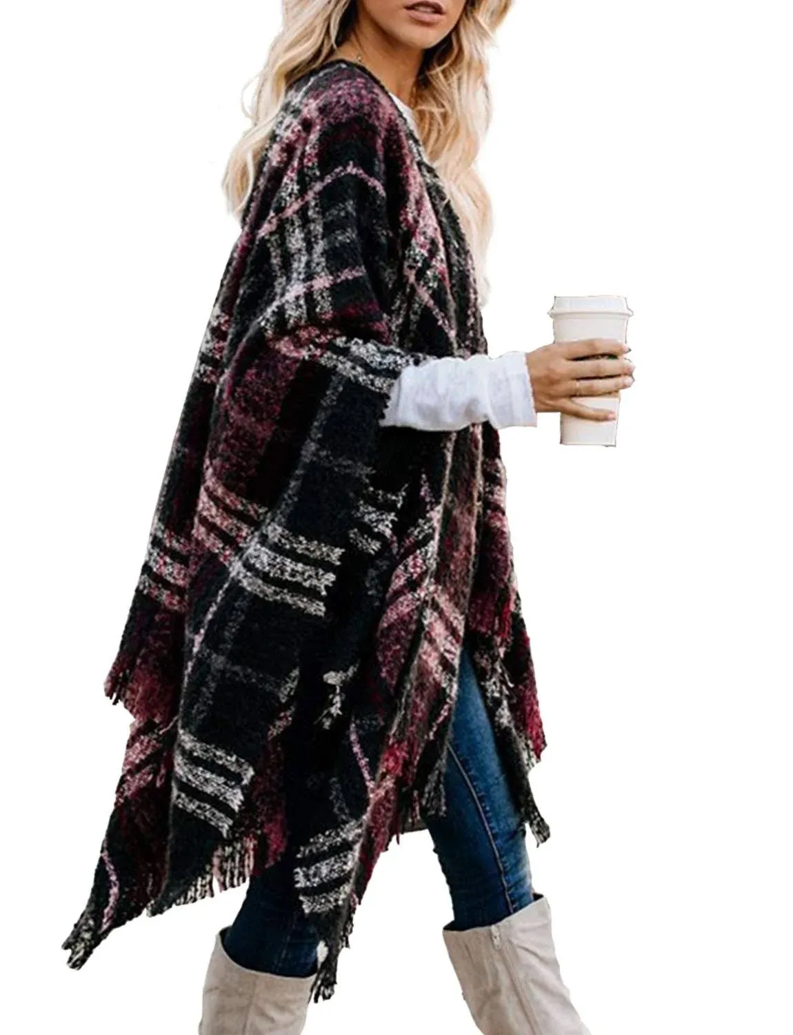 Bestshe Womens Boho Open Front Poncho Knitted Plaid Shawl Wrap Cape Tassel ...