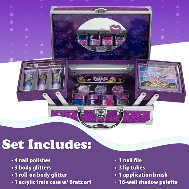 Townley Girl Bratz Train Case Cosmetic Makeup Set Includes Lip Gloss, Eye Shimmer, Brush, Nail Polish, Accessories & more! for Girls, Ages 5+ perfect for Parties, Sleepovers & Makeovers