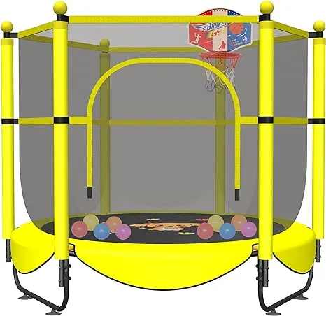 60" Trampoline for Kids, 5 FT Indoor & Outdoor Small Toddler Trampoline with Basketball Hoop, Safety Enclosure, Baby Trampoline Toys, Birthday Gifts for Kids, Gifts for Boy and Girl, Age 3-8