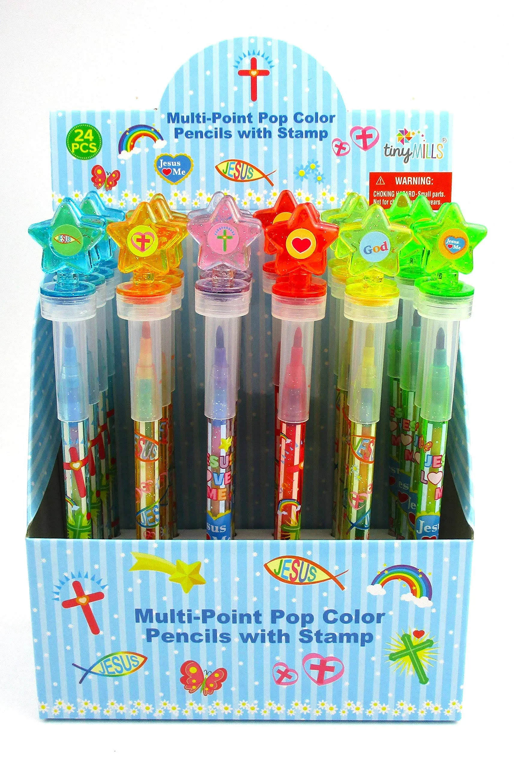 TINYMILLS 24 Pcs Religious Christian 2 in 1 Stackable Stacking Crayon with Extra Stamper Topper, Sunday School Classroom Rewards, Prizes, Christian Toys Sunday School Rewards