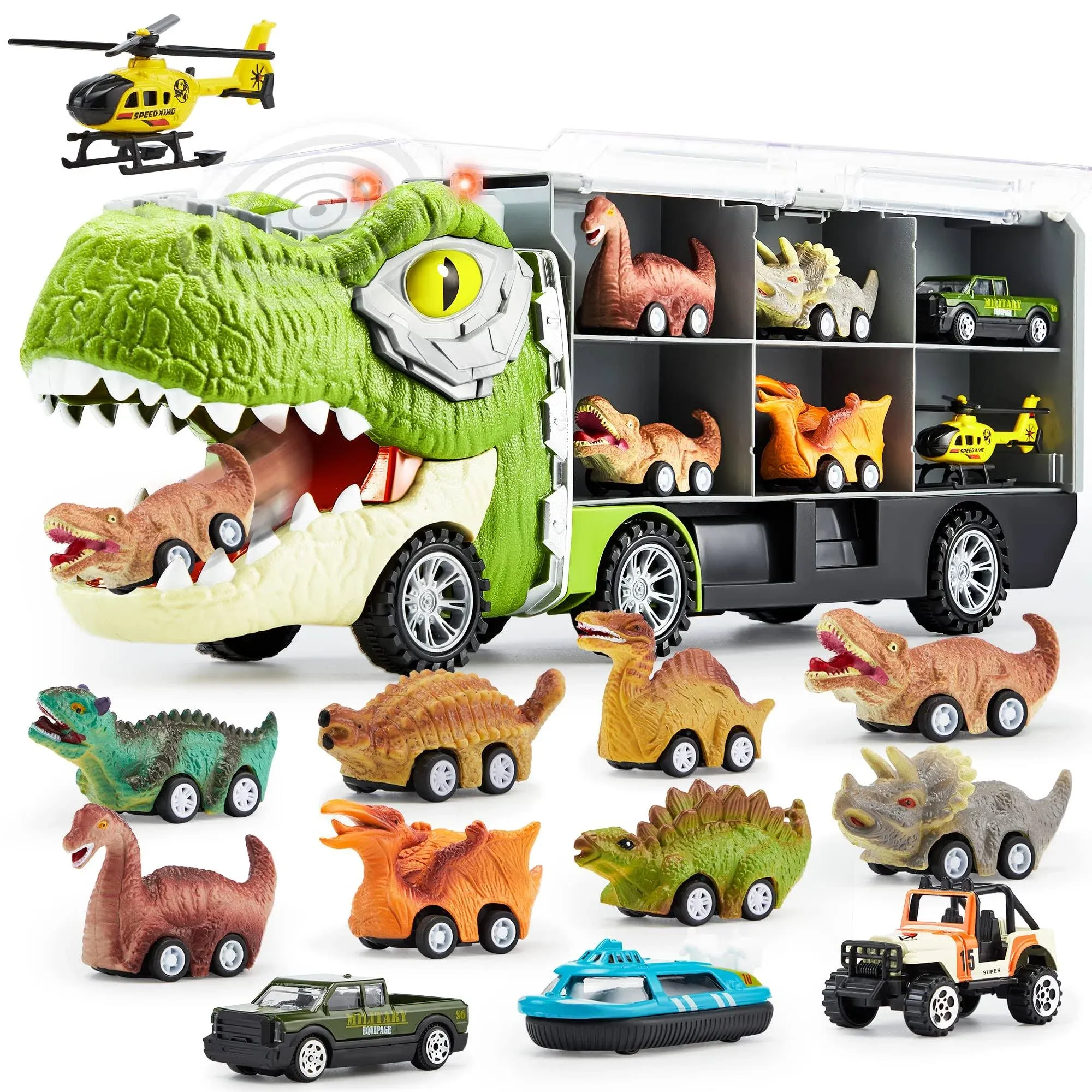 JOYIN 13 in 1 Dinosaur Truck for Kids, with 12 Pull Back Dinosaur Car Vehicles, Toy Dinosaur Transport Carrier Truck with Music and Roaring Sound, Flashing Lights, Mini Dinosaur Car Set, Helicopter