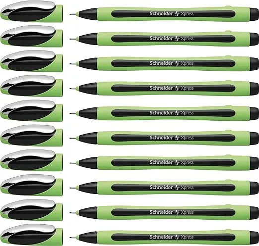 Schneider Xpress Premium Fineliner, 0.8 mm Porous Point, Light Green Barrel, Black Ink, Box of 10 Pens (190001)