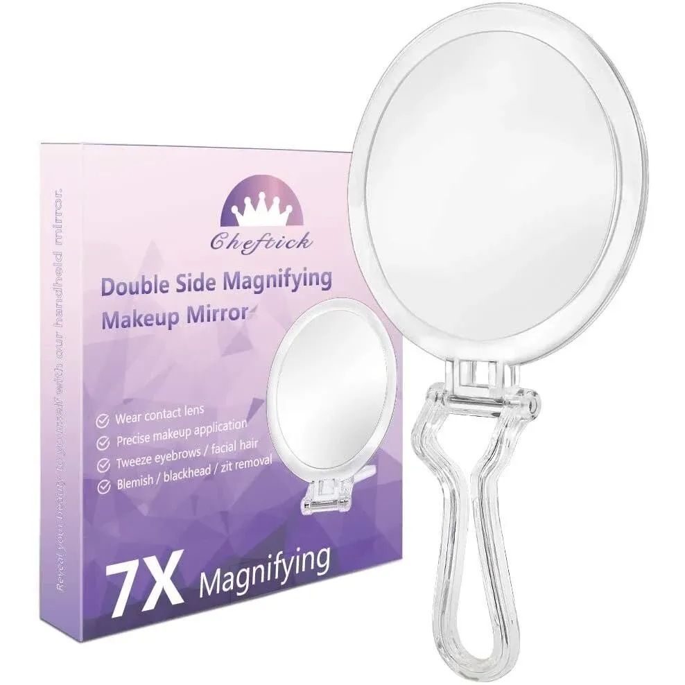 Cheftick Double Sided Hand Held Mirror - 1x & 7x Magnifying Travel Makeup Mirror