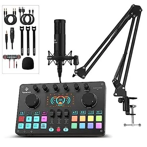 Squarock Podcast Equipment Bundle, Audio Interface All-in-One DJ Mixer with ...