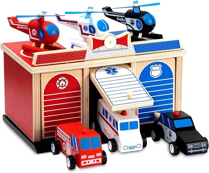 Rescue Station Kids Playset - 2-Level, 3-Bay Parking Garage Toy Set with Fire Truck, Ambulance, Police Car, and 3 Rescue Helicopters - Wooden Toy Rescue Vehicles for Kids Ages 3 and Up