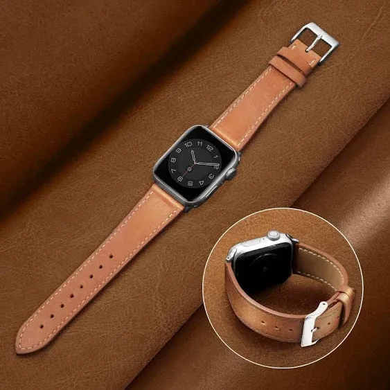 Marge Plus Compatible with Apple Watch Band Series SE 7 6 5 4 3 2 1 45mm 41mm 44mm 40mm 42mm 38mm, Genuine Leather Replacement Band for iWatch, Leather Apple Watch Strap for Women & Men Brown