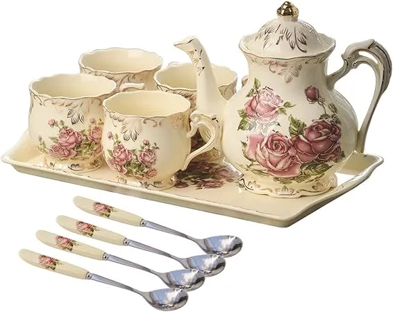 Porcelain Tea Set Vintage Rose Tea Cups With Teapot Serving Tray And Teaspoon Se