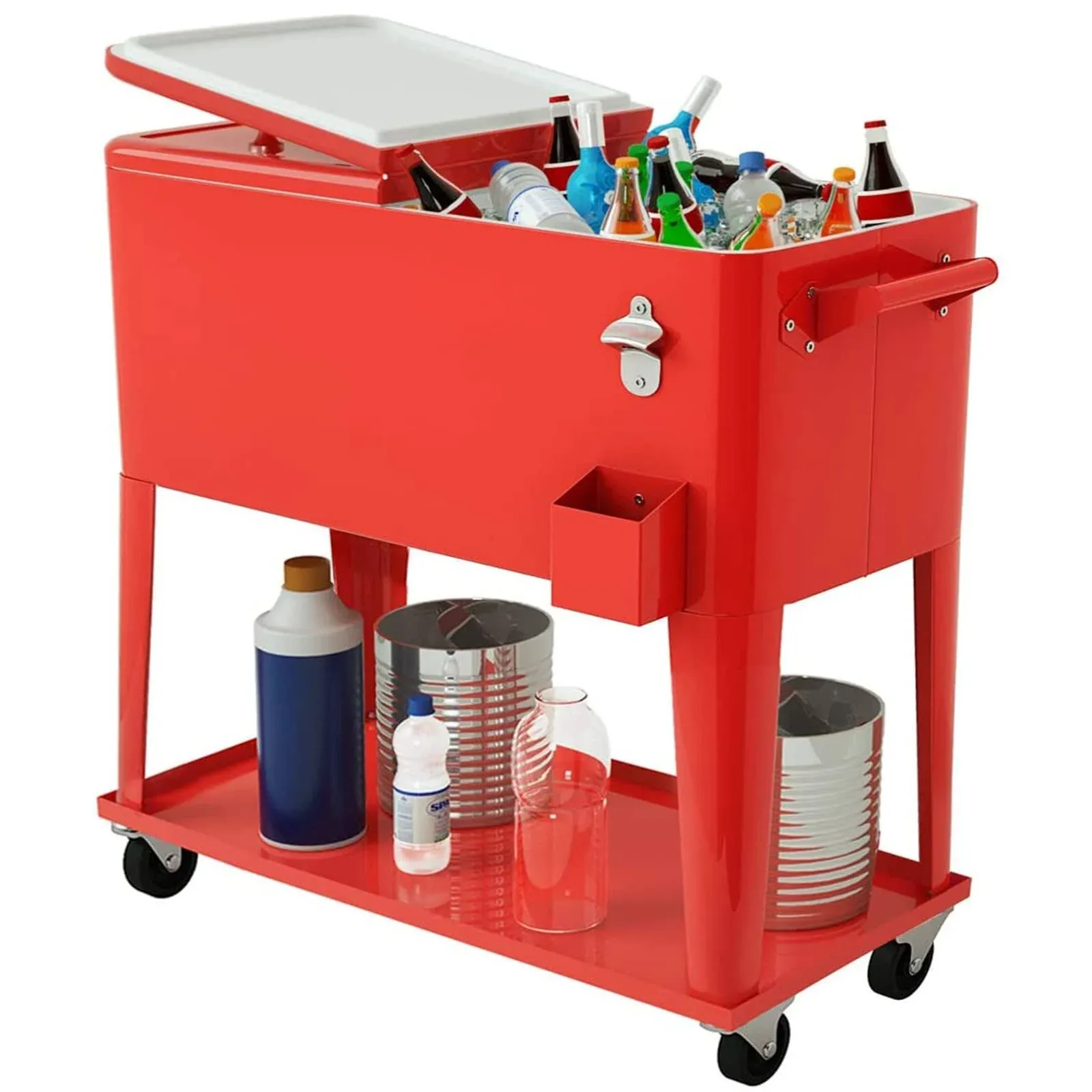 Giantex Rolling Cooler Cart, 80qt Outdoor Cooler with Locking Wheels, Storage Shelf, Bottle Opener, Drain Plug, Patio Beverage Bar Cooler Trolley Ice Chest for Party Cookouts BBQ