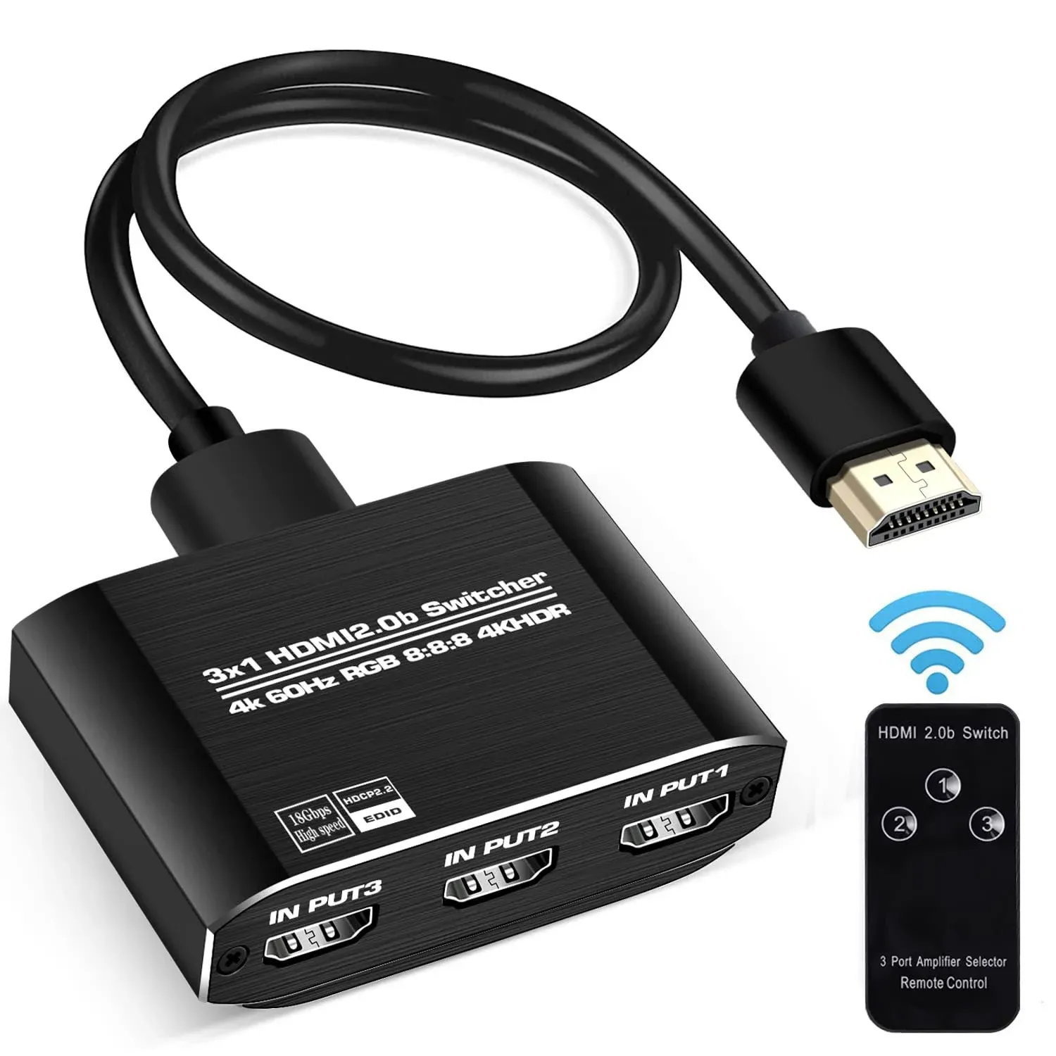 NEWCARE HDMI 2.0b Switch 3 in 1 Out 【with High Speed 3.9 FT HDMI Cable】, 3x1 HDMI Selector Switch with Remote,Support UHD 4K@60Hz Ultra HD 3D 1080P, HDCP 2.2 HDR,18.5Gbps HDMI Switcher