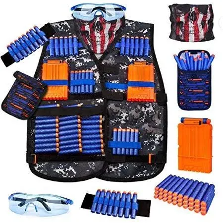 Kids Tactical Vest Kit for Nerf Guns Series with Refill Darts,Dart Pouch, Reload Clips, Tactical Mask, Wrist Band and Protective Glasses,Nerf Vest Toys for 8 9 10 11 12 Year Boys