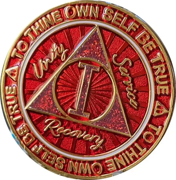 1 Year AA Medallion Cosmic Red Glitter Alcoholics Anonymous Sobriety Chip