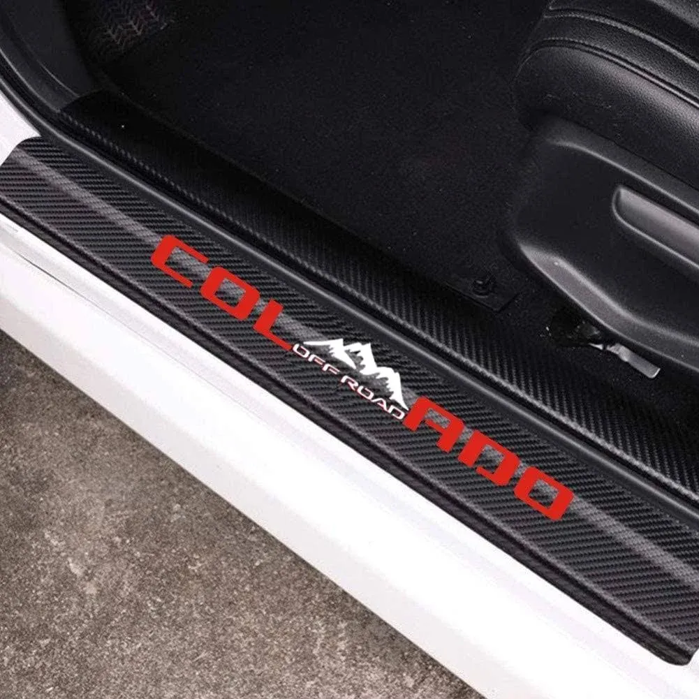 MAXMILO 4Pcs Car Door Sill Protector Reflective Carbon Fiber Leather red