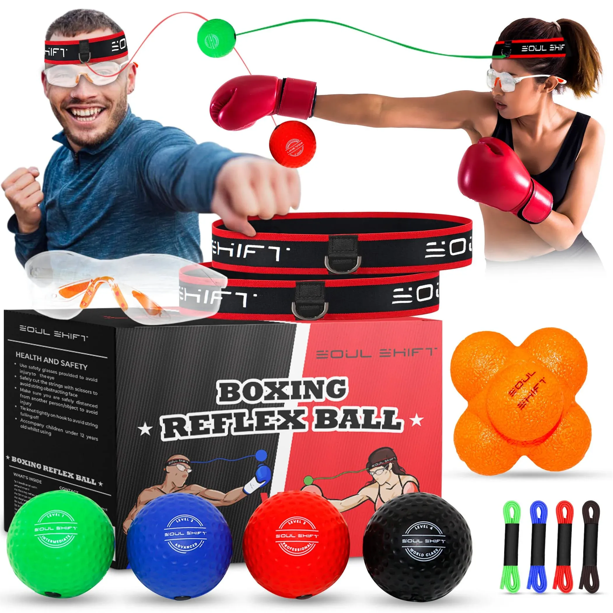 4 X Boxing Reflex Ball Set - 1 x Reaction Ball - 2 x Headbands - 1 x Safety Glasses - Hand Eye Coordination, Boxing Reflex Ball Headband, MMA Training Equipment, Punching Ball, Boxing Game, All Ages