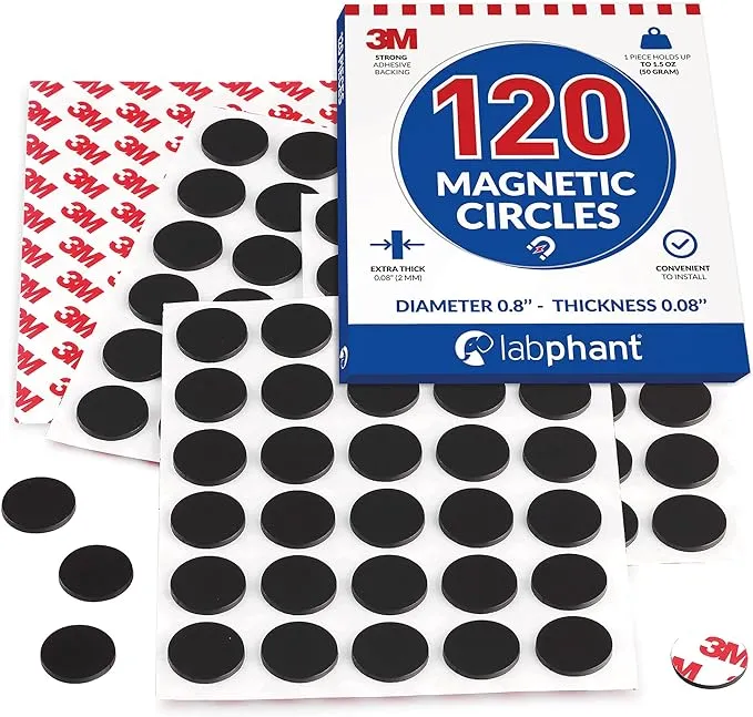 Magnetic Dots 120pcs - Round Magnets with Adhesive Backing, Circle Size Diameter 0.8’” x 0.08” on 4 Tape Sheets, with 3M Strong Adhesive Backing. Perfect for DIY, Art Projects, Industrial & Fridge