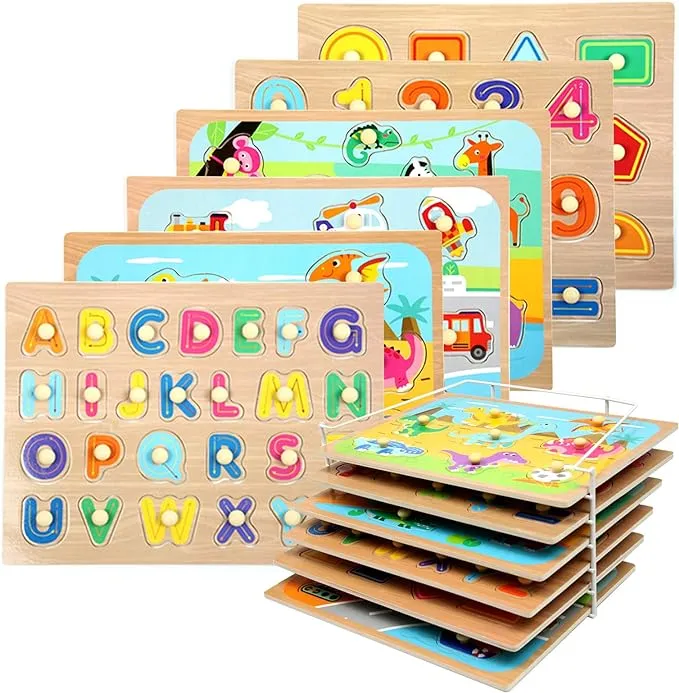 WOOD CITY Toddler Puzzles and Rack Set, Wooden Peg Puzzles Bundle with Storag...