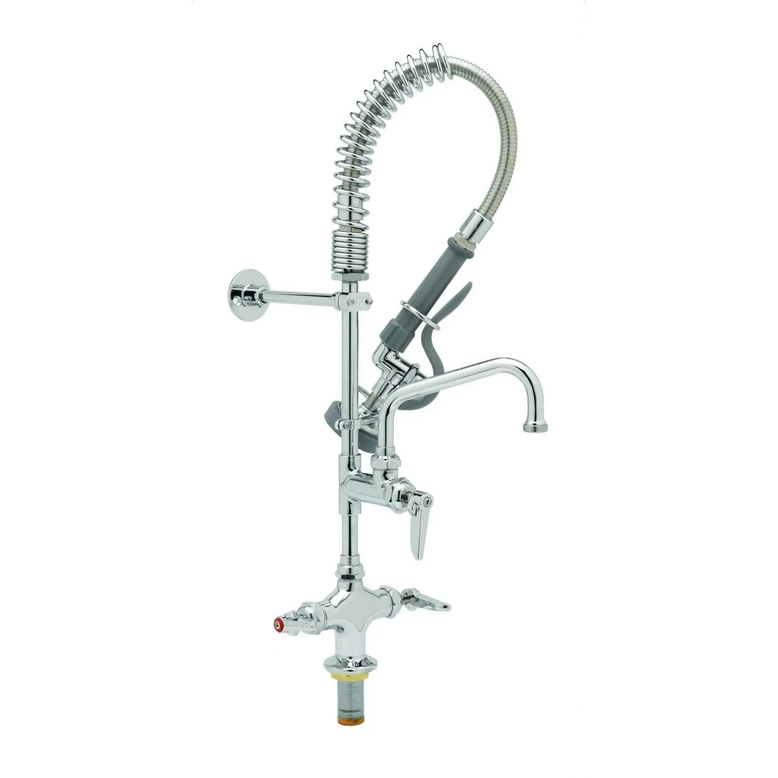 Mini Pre-Rinse Unit, single hole, dual temp, spray valve, 8in. swing nozzle, lever handles, wall bracket