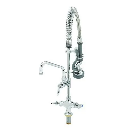 Mini Pre-Rinse Unit, single hole, dual temp, spray valve, 8in. swing nozzle, lever handles, wall bracket