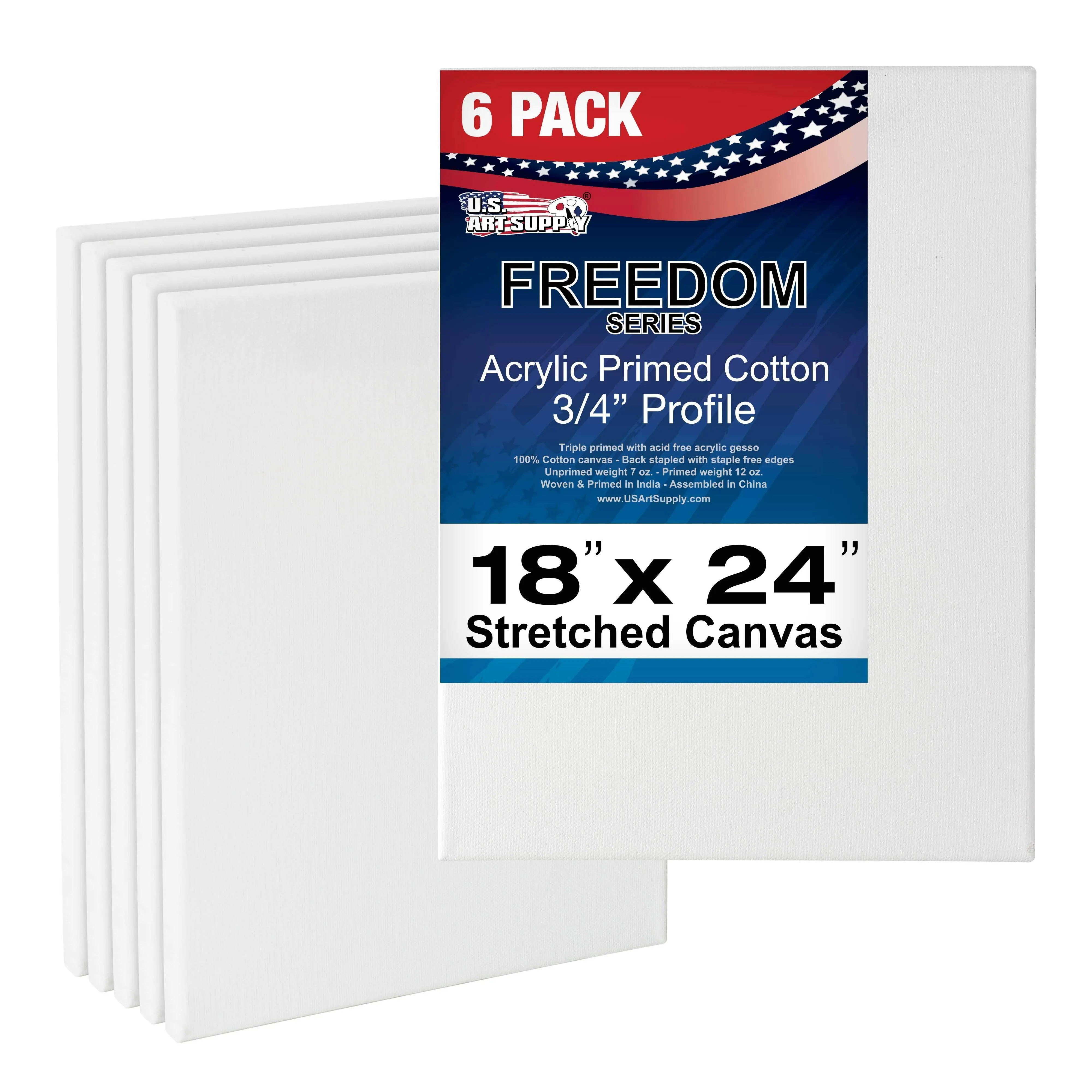 U.S. Art Supply 18 x 24 inch Stretched Canvas 12-Ounce Primed 6-Pack - Professional White Blank 3/4&quot; Profile Heavy-Weight Gesso Acid Free Bulk Pack -