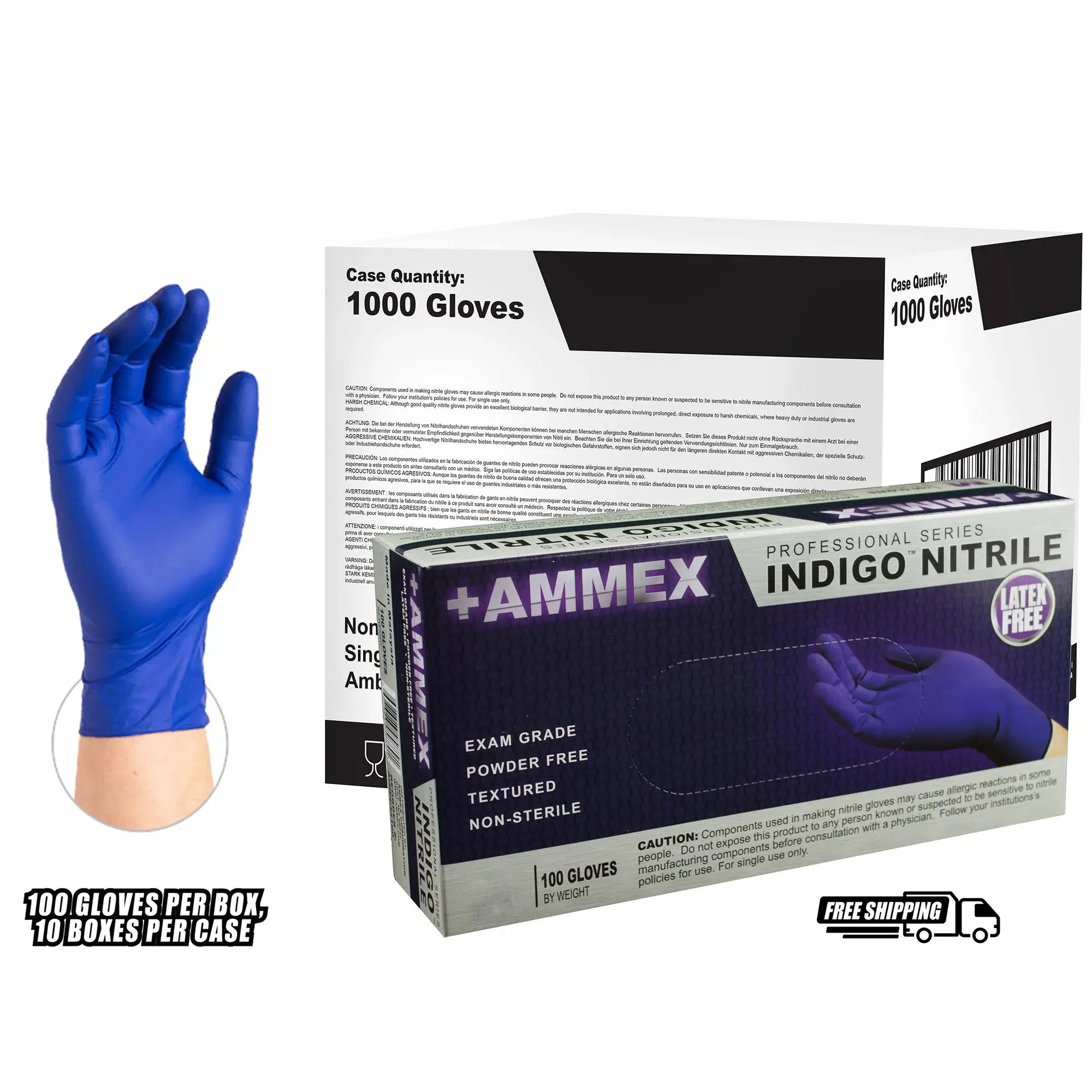 Ammex Indigo Nitrile Exam Gloves, 3 Mil, Latex Free, Powder Free, Textured, Disposable, Non-Sterile, Food Safe