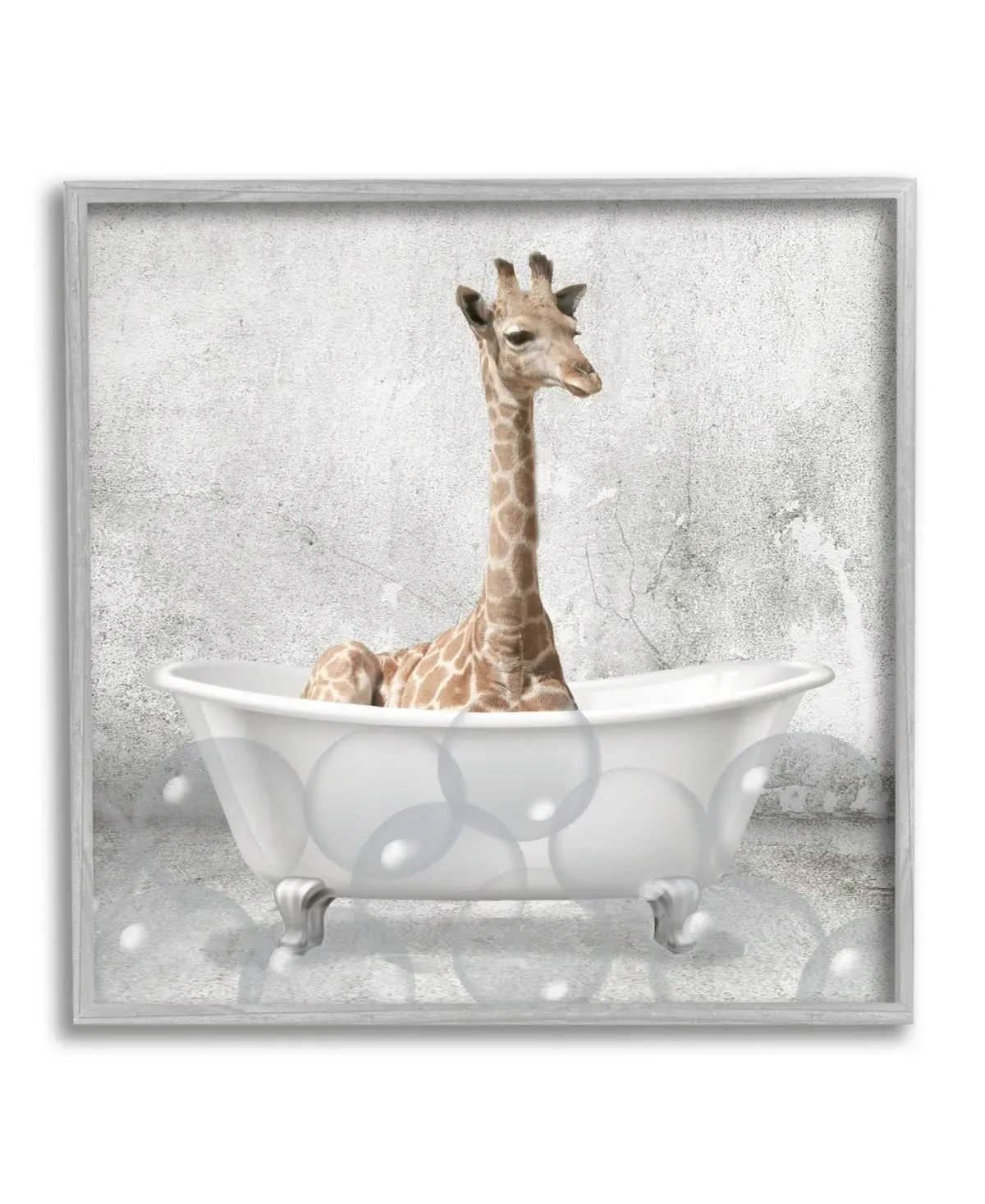 Baby Giraffe Bath Time Cute Animal Design 17&quot;x17&quot; Rustic Gray Framed Giclee Texturized Art