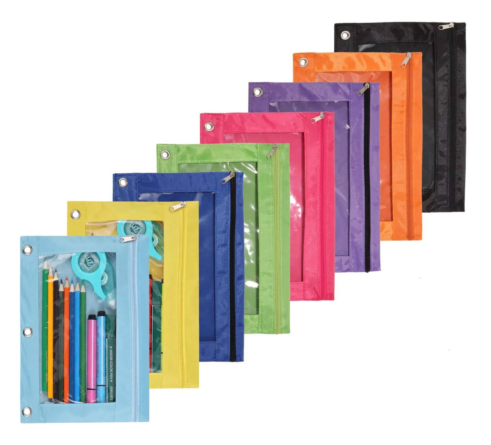 SdeFe Zippered Binder Fabric Pencil Pouch 3 Rings with Clear Window for School Classroom Organizers 8 Pack