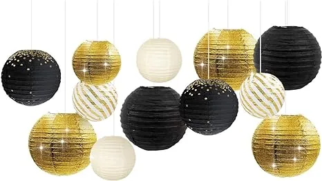 Black Gold Party Supplies - 12Pcs Black and Gold Metallic Foil Paper Lanterns