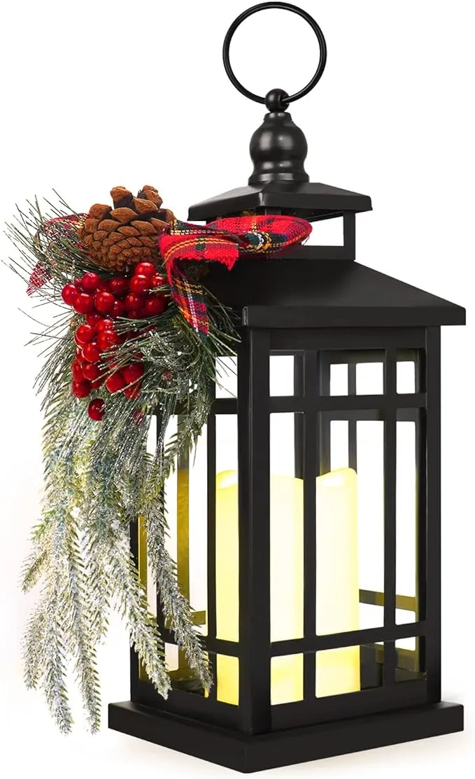 Metal Christmas Vintage Candle Lanterns with Led Light,Red Ribbon Decorative Hanging Lantern for Indoor Outdoor Decorations Party Gift,WOKEISE