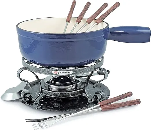 Swissmar Lugano 2-Quart Cast Iron Fondue Set, 9-Pieces – Easy to Clean Fondue Pot for Melting Cheese, Chocolate, Caramel, & More – Perfect for Gifts & Family Gatherings – Deep Blue