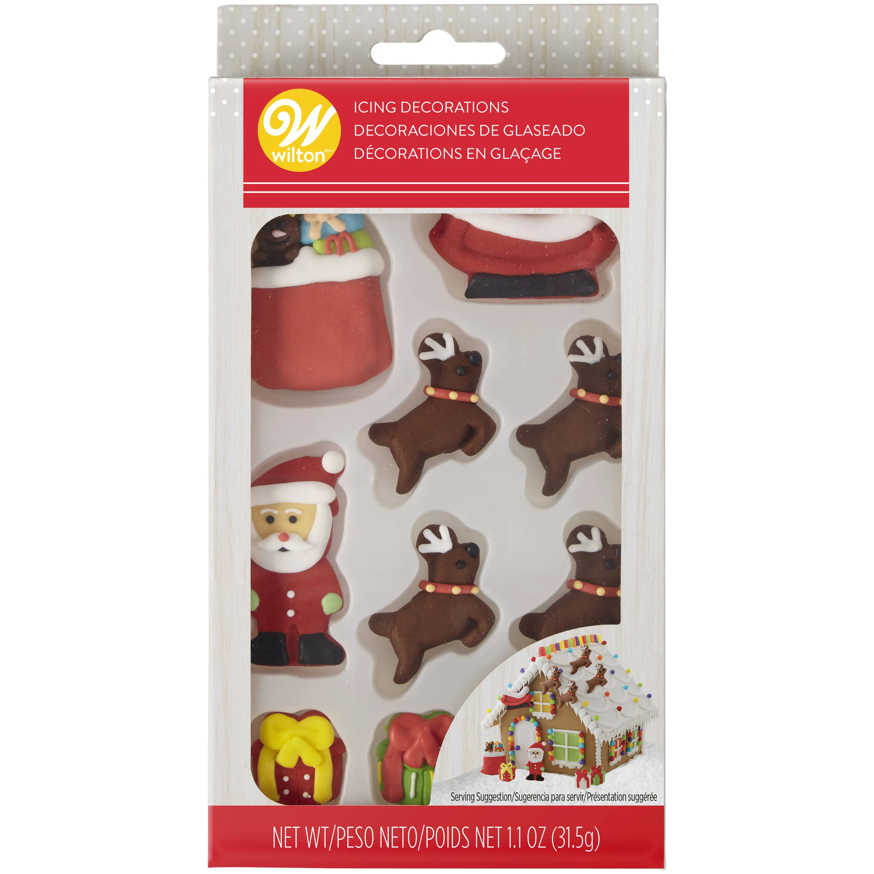 New Holiday Icing Decorations, 3 boxes Santa and his Gift Bag, Gifts &amp; Reindeers