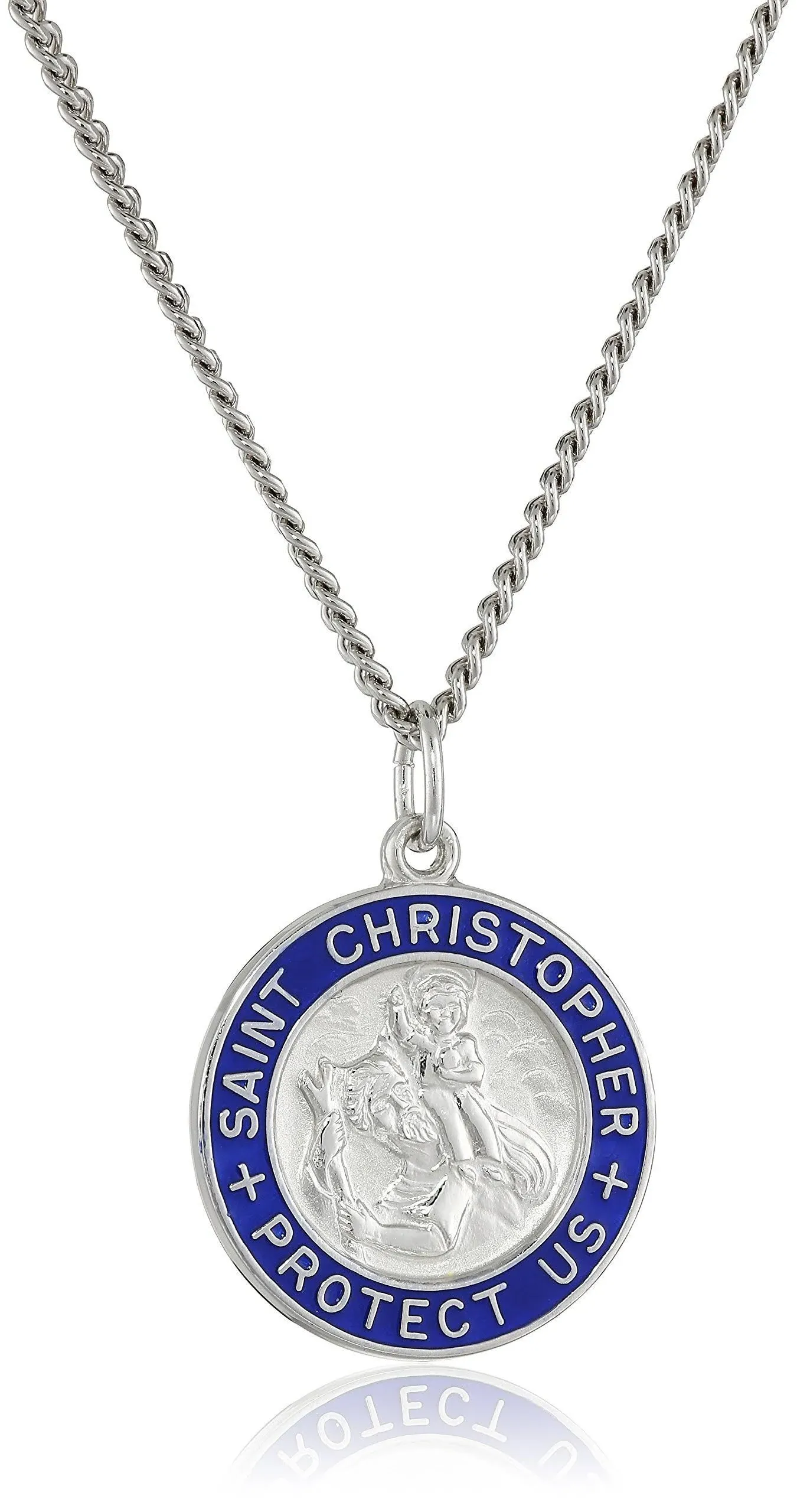 Amazon Essentials Sterling Silver Round Saint Christopher Medal Pendant Necklace with Blue Epoxy Edge and Rhodium Plated Stainless Steel Chain, (previously Amazon Collection)