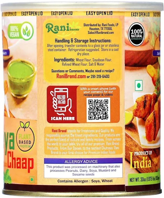 Rani Soya Chaap (Plant Based Protein) 30oz (1.875lbs) 850g ~ Easy Open Lid | All Natural | Vegan | No Colors | Non-GMO | Kosher | Indian Origin | Soy