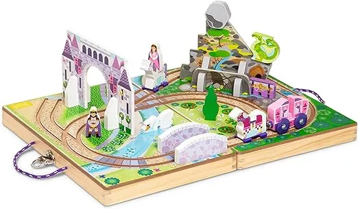 Melissa & Doug 19-Piece Wooden Take-Along Tabletop Kingdom – Carriage, Horse, Unicorn, Dragon, More