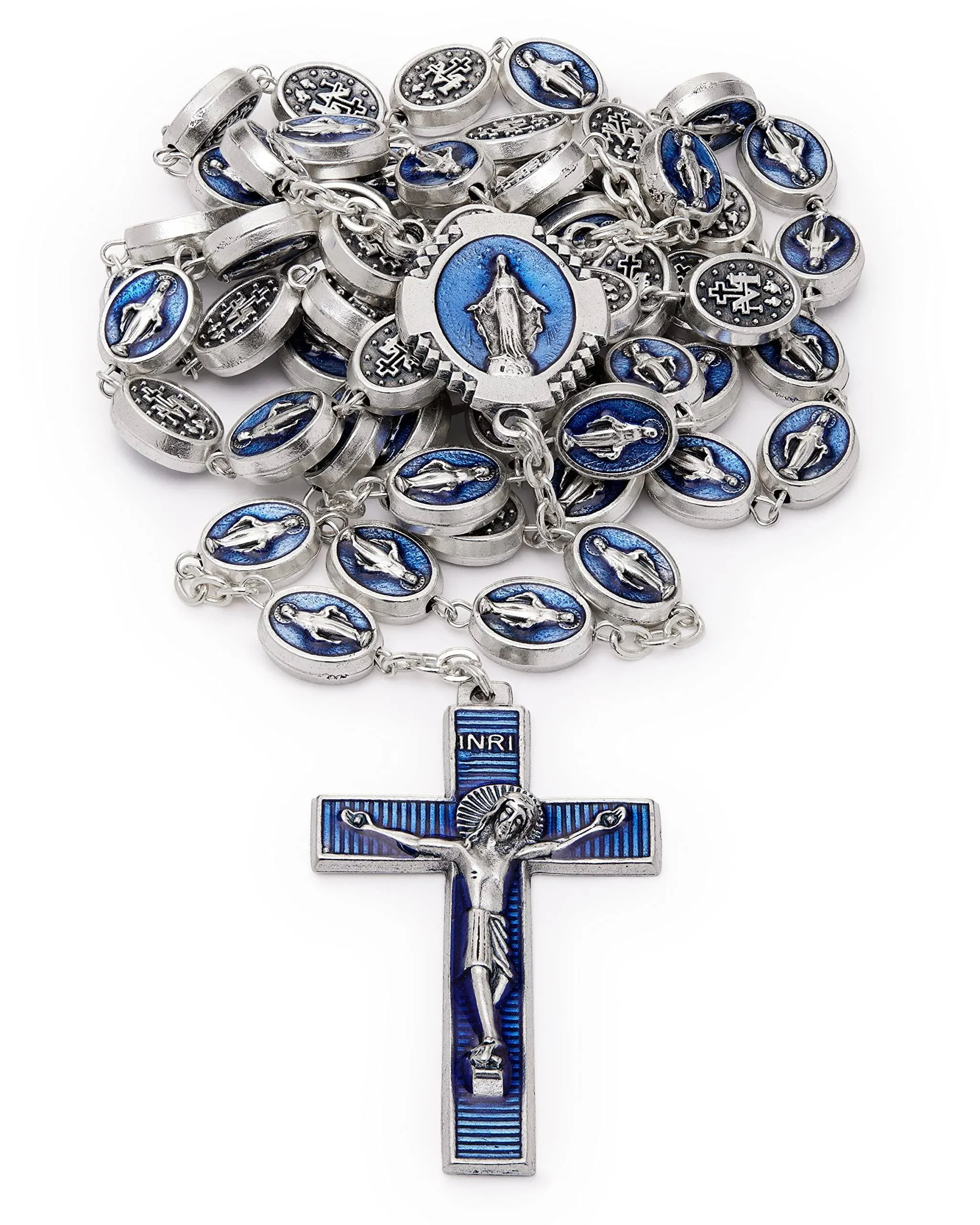 Miraculous Virgin Rosary in Blue Enamel Oval Beads | MONDO CATTOLICO