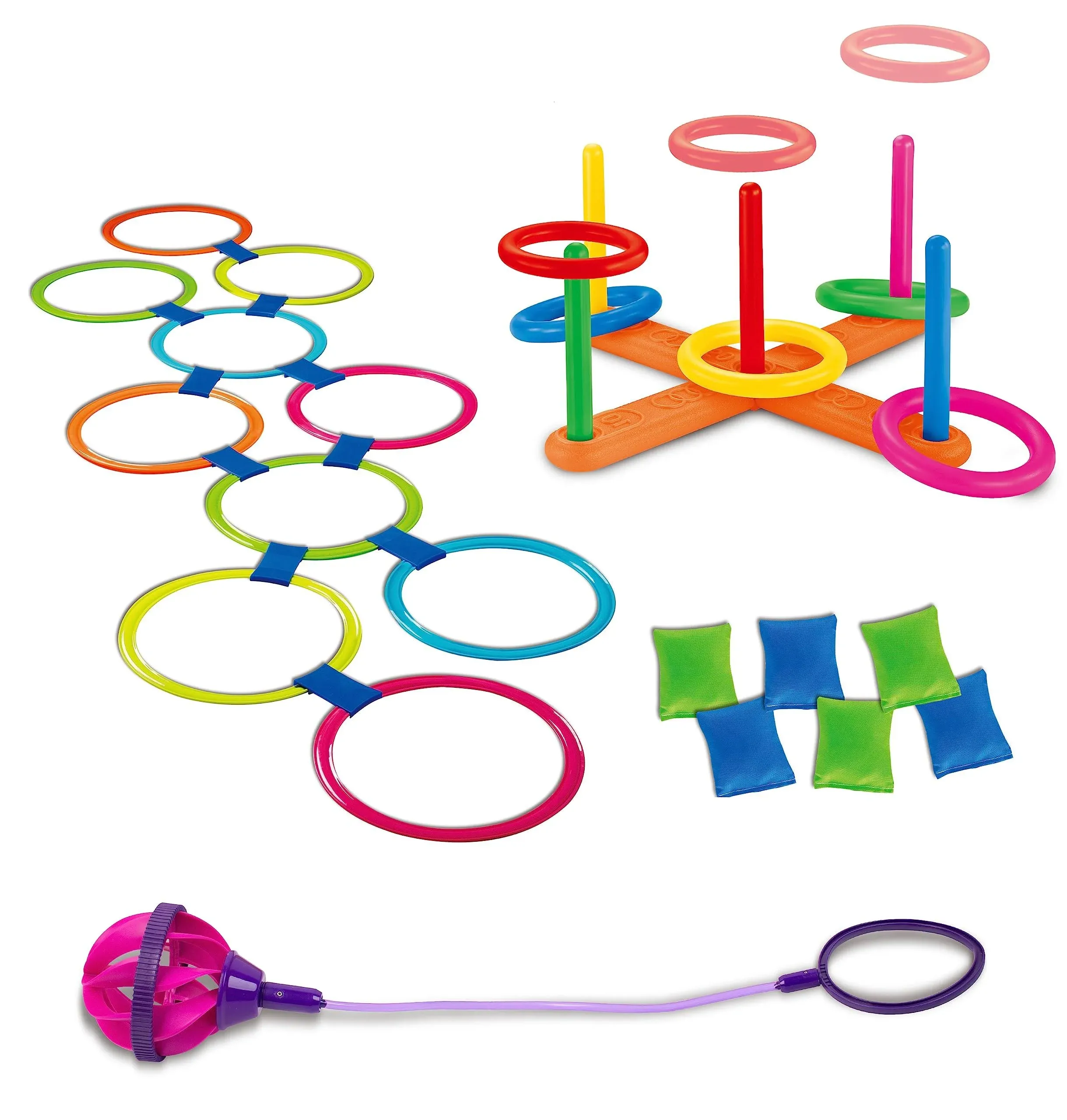 GOODLYSPORTS 4 in 1 Ring Toss Game for Kids. Carnival Games for Kids Party with Bean Bags for Tossing, Hopscotch, Ring Toss, Skip Ball. Party Games