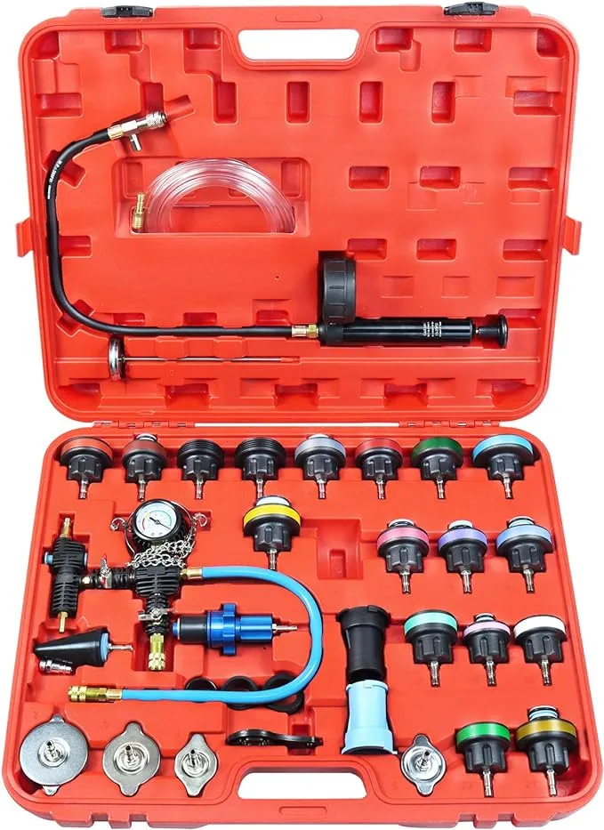 YSTOOL Radiator Pressure Tester Coolant Vacuum Refill Kit 33PCS Automotive Cooling System Leak Test Pneumatic Water Tank Purge Fill Tool Set with Gauge Adapter Cap Universal for Auto Car Airlift