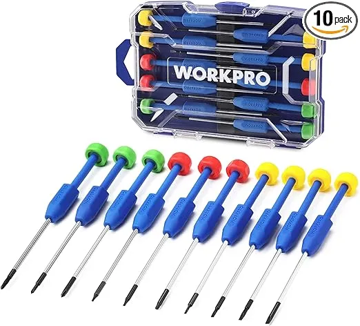 WORKPRO 10-Piece Precision Screwdriver Set with Case, Phillips, Slotted, Torx Star, Magnetic Screwdriver Repair Tool Kit in Different Sizes Colors, Non-Slip Grip for Eyeglass, Watch, Computer, Phone