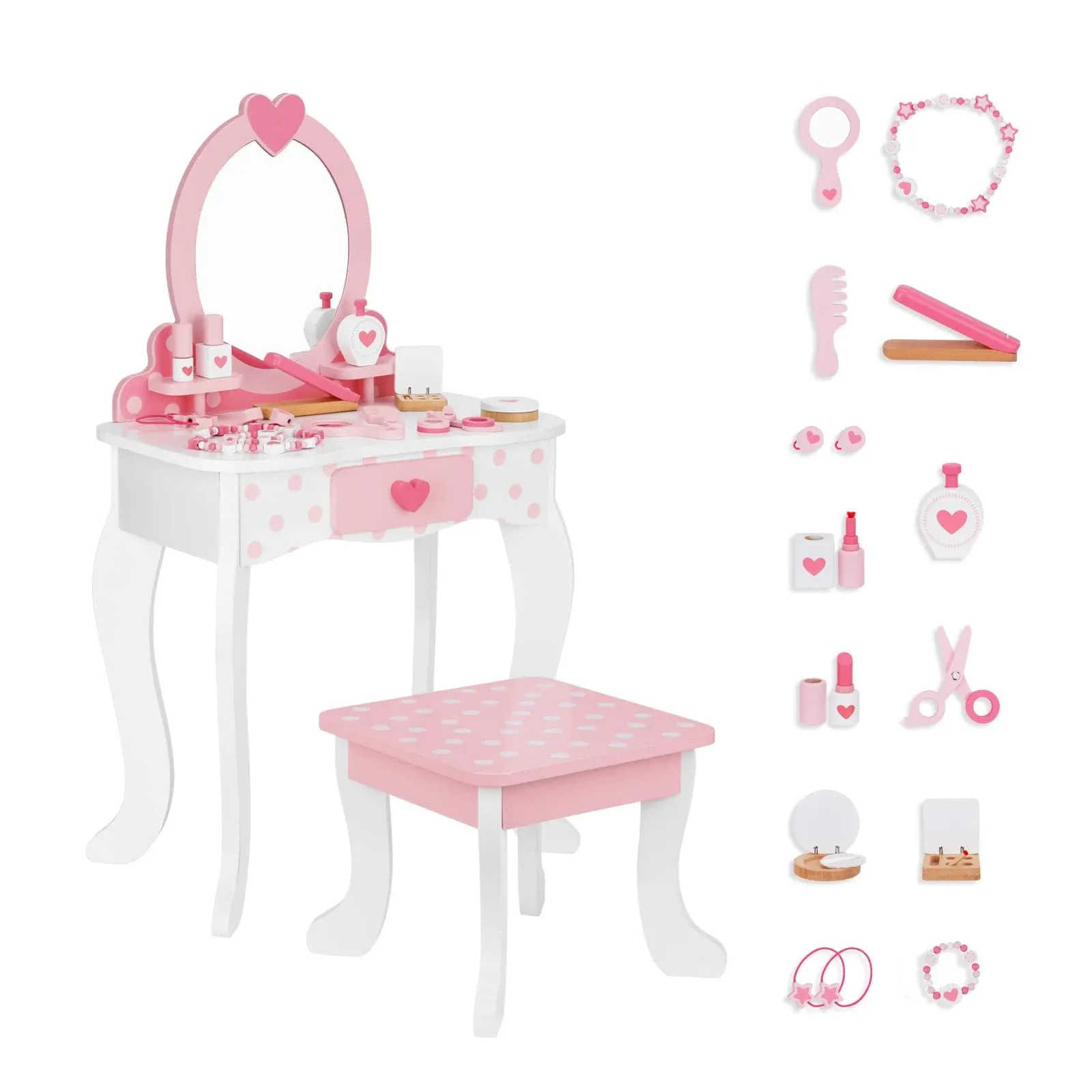 Kids Vanity Set,Table & Chair Vanity Set with Mirror（Includes 15 pcs Multiple Make up Accessories, Makeup Dressing Table with Storage Drawer, Pink