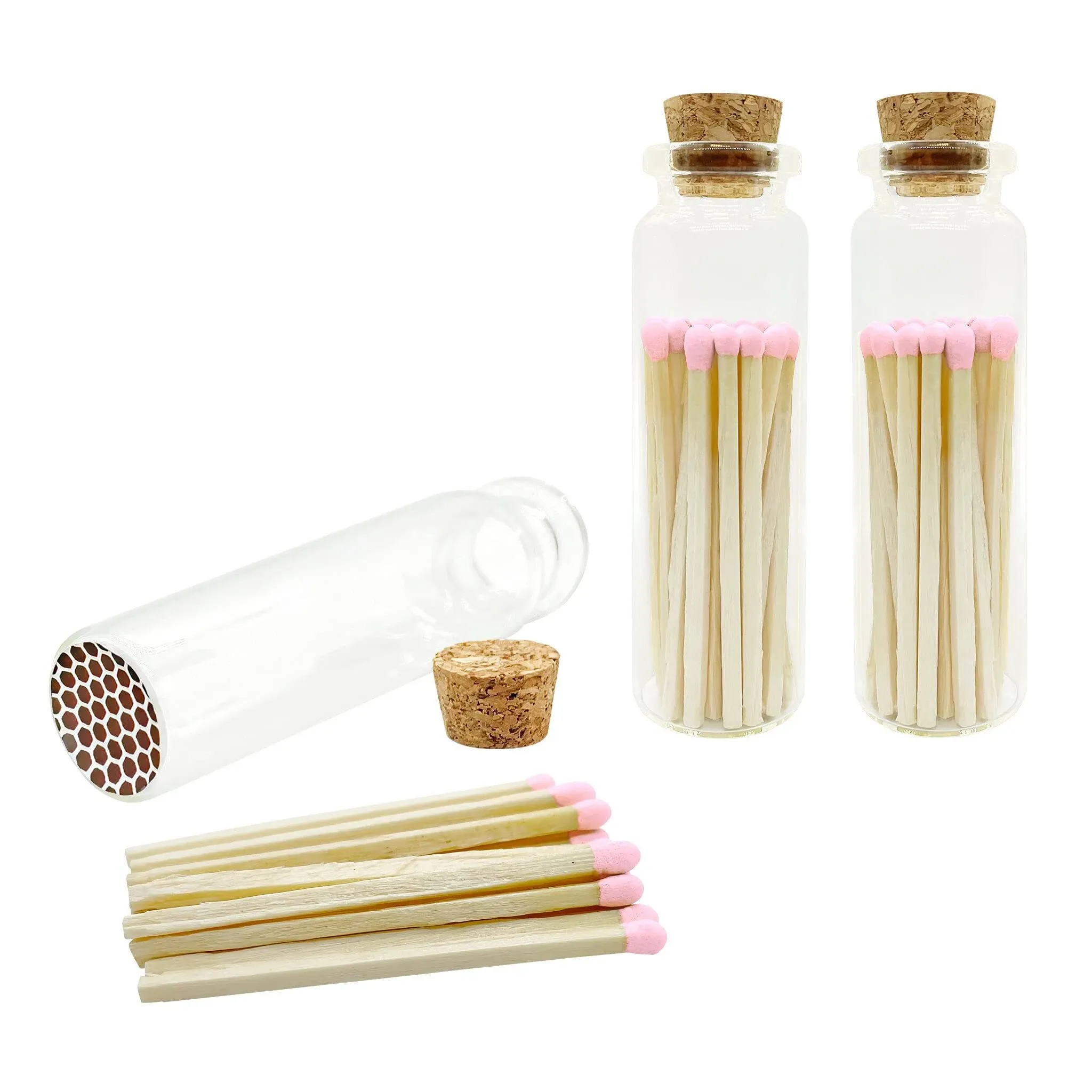 Thankful Greetings Light Pink Tip 2" Safety Matches | 3 Glass Bottles Each with ...